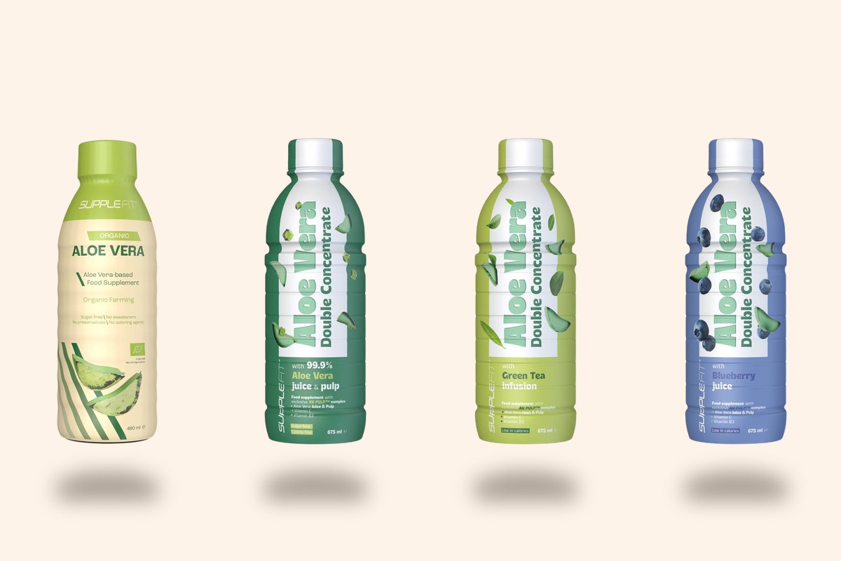 Four aloe vera juice bottles side by side — organic, 99.9% with pulp, green tea and blueberry