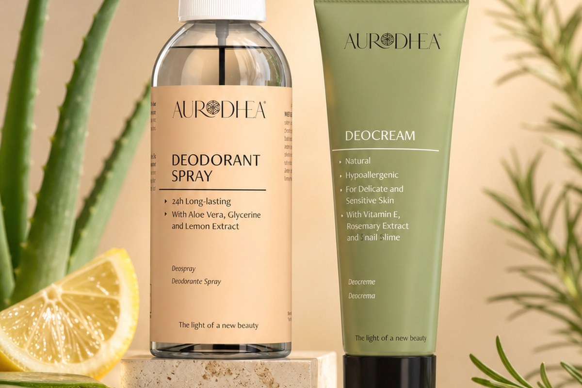 A deodorant spray and a tube of deocream on a travertine surface in warm morning light, with aloe leaves and rosemary beside them