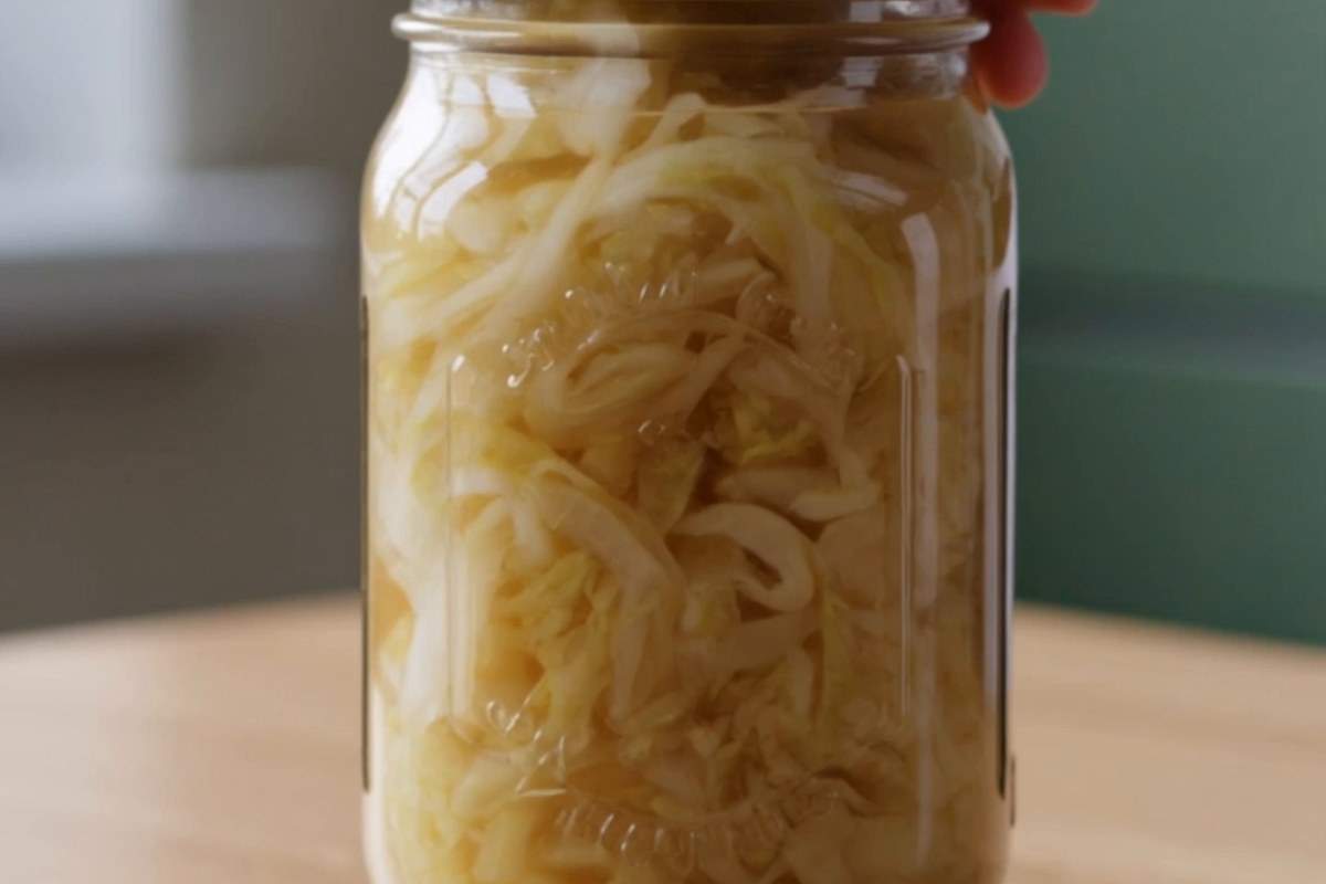 A hand pressing the lid onto a glass jar of homemade sauerkraut on a wooden table