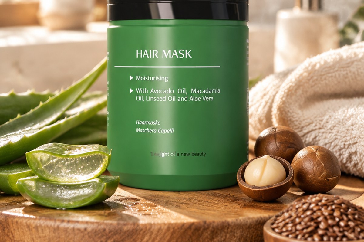 A jar of aloe vera hair mask on an oak board, with aloe slices, macadamia nuts and flax seeds beside it