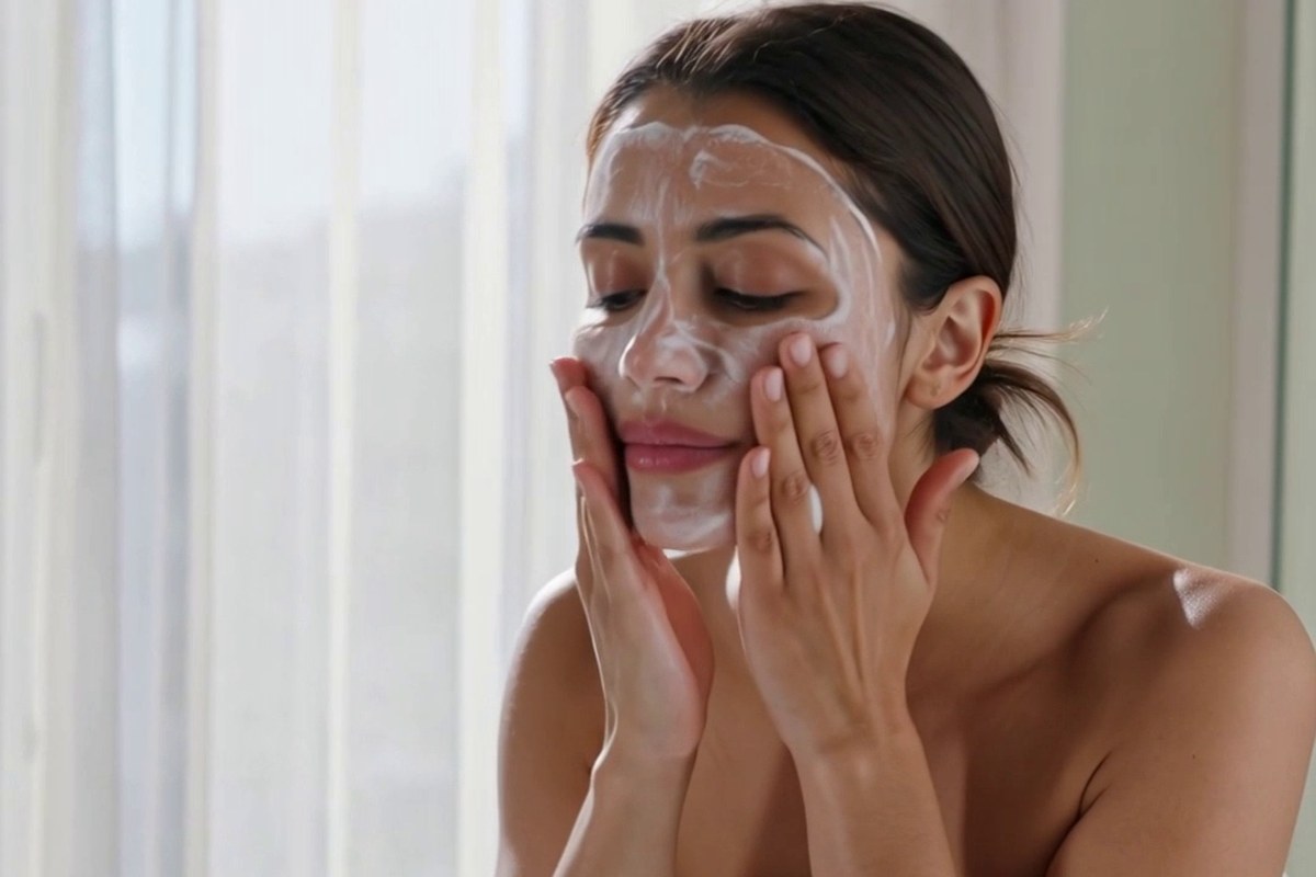 A woman washing her face at a sink, white foam on her skin