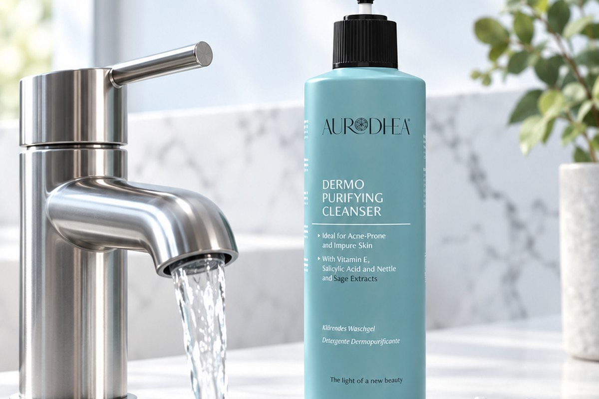 A teal AURODHEA cleanser bottle on a bathroom vanity next to a running tap