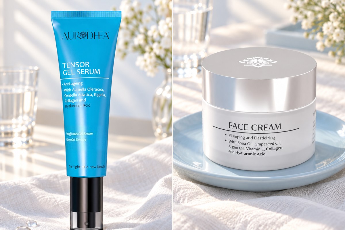 A blue AURODHEA gel serum tube and a jar of collagen face cream on white linen in morning light