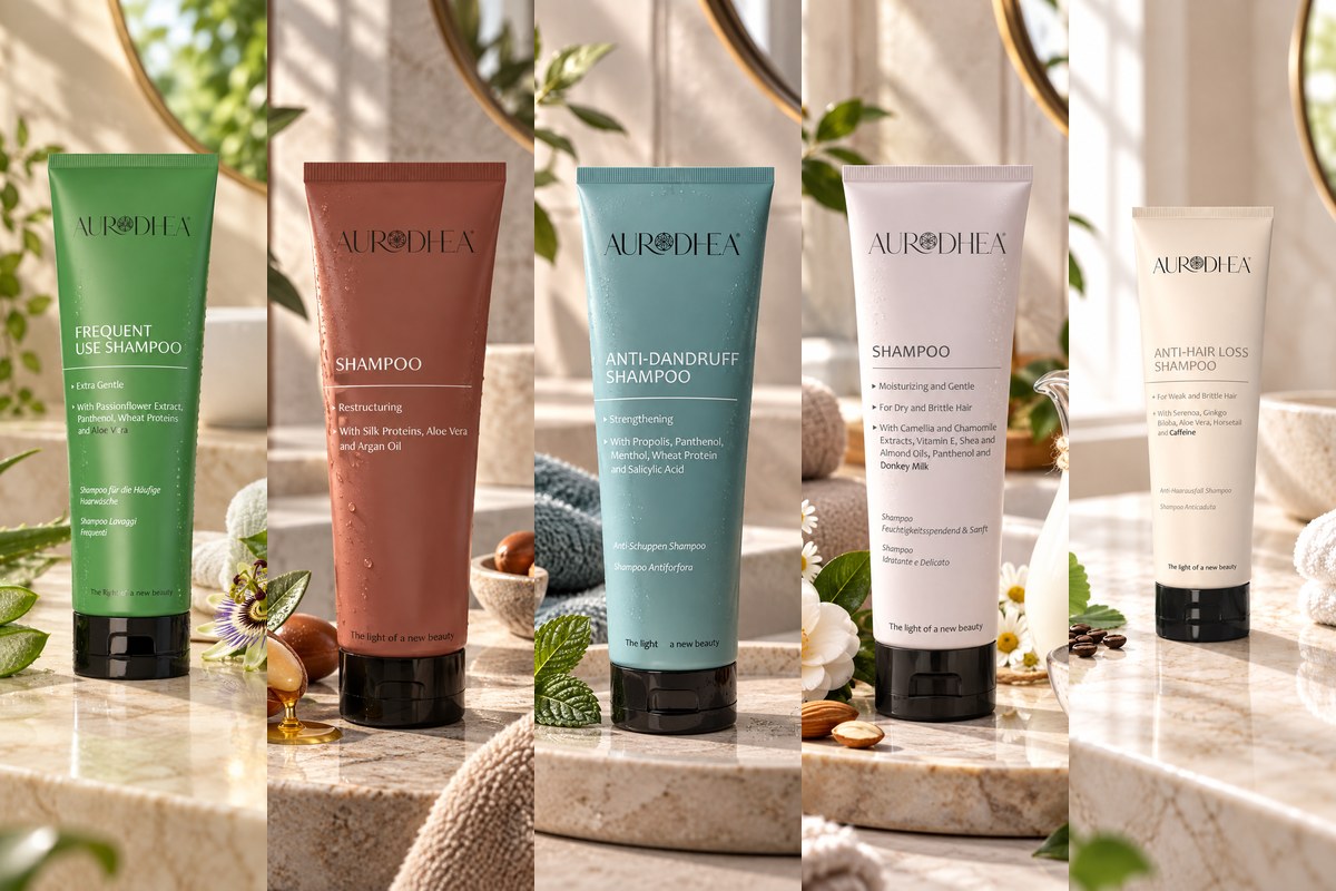 Four Aurodhea shampoos on a marble bathroom counter — mint, green, cream and olive